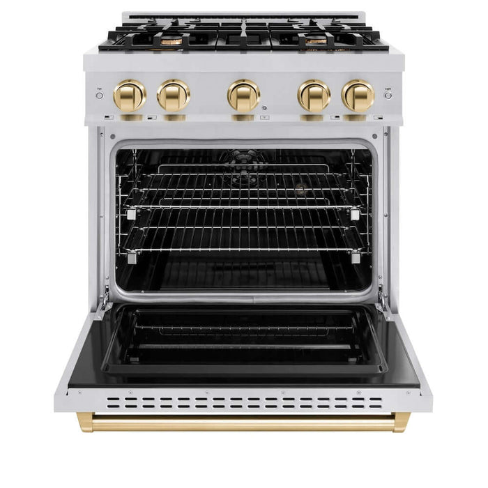 ZLINE Autograph Edition 30 in. 4.2 cu. ft. Classic Dual Fuel Range with 4 Burner Gas Cooktop and Electric Convection Oven in Stainless Steel with Polished Gold Accents (CDRZ-30-G)