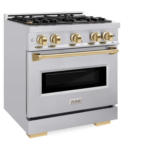 ZLINE Autograph Edition 30 in. 4.2 cu. ft. Classic Dual Fuel Range with 4 Burner Gas Cooktop and Electric Convection Oven in Stainless Steel with Polished Gold Accents (CDRZ-30-G)