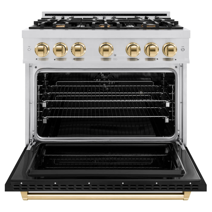 ZLINE Autograph Edition 36 in. 5.2 cu. ft. Classic Dual Fuel Range with 6 Burner Gas Cooktop and Electric Convection Oven in Stainless Steel with Black Matte Door and Polished Gold Accents (CDRZ-BLM-36-G)