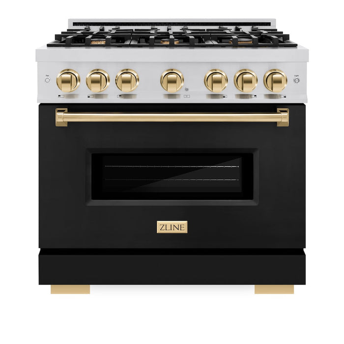 ZLINE Autograph Edition 36 in. 5.2 cu. ft. Classic Dual Fuel Range with 6 Burner Gas Cooktop and Electric Convection Oven in Stainless Steel with Black Matte Door and Polished Gold Accents (CDRZ-BLM-36-G)
