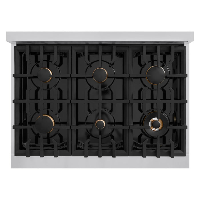 ZLINE Autograph Edition 36 in. 5.2 cu. ft. Classic Dual Fuel Range with 6 Burner Gas Cooktop and Electric Convection Oven in Stainless Steel with Black Matte Door and Polished Gold Accents (CDRZ-BLM-36-G)