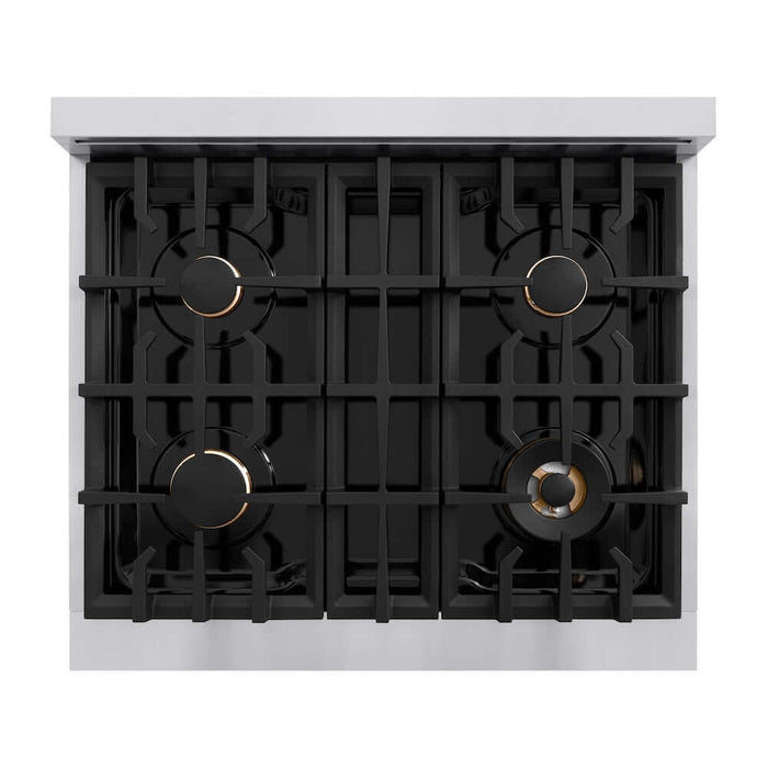 ZLINE Autograph Edition 30 in. 4.2 cu. ft. Classic Gas Range with 4 Burner Cooktop and Convection Gas Oven in Stainless Steel and Champagne Bronze Accents (CGRZ-30-CB)