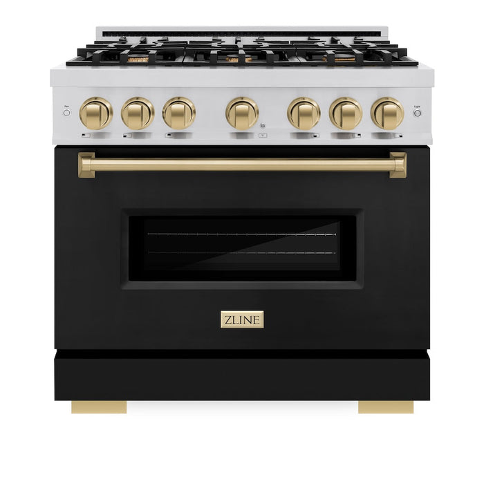 ZLINE Autograph Edition 36 in. 5.2 cu. ft. Classic Gas Range with 6 Burner Cooktop and Convection Gas Oven in Stainless Steel with Black Matte Door and Champagne Bronze Accents (CGRZ-BLM-36-CB)