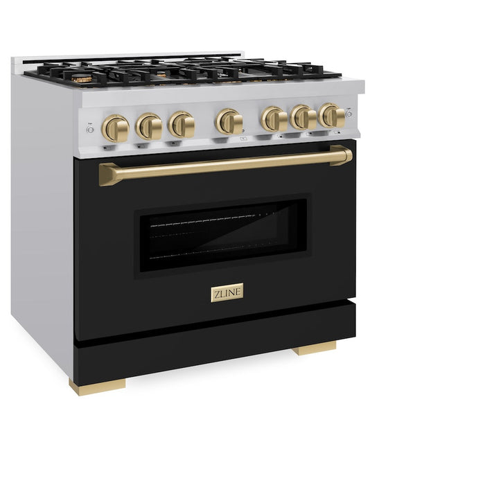 ZLINE Autograph Edition 36 in. 5.2 cu. ft. Classic Gas Range with 6 Burner Cooktop and Convection Gas Oven in Stainless Steel with Black Matte Door and Champagne Bronze Accents (CGRZ-BLM-36-CB)