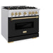 ZLINE Autograph Edition 36 in. 5.2 cu. ft. Classic Gas Range with 6 Burner Cooktop and Convection Gas Oven in Stainless Steel with Black Matte Door and Champagne Bronze Accents (CGRZ-BLM-36-CB)