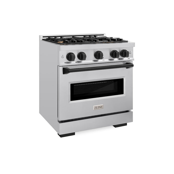 ZLINE Autograph Edition 30 in. 4.2 cu. ft. Classic Gas Range with 4 Burner Cooktop and Convection Gas Oven in Stainless Steel and Matte Black Accents (CGRZ-30-MB)