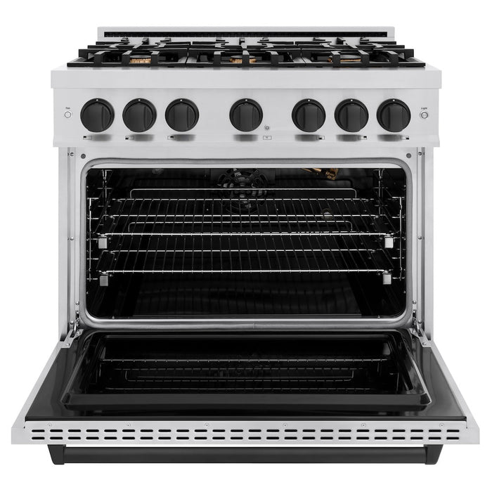 ZLINE Autograph Edition 36 in. 5.2 cu. ft. Classic Gas Range with 6 Burner Cooktop and Convection Gas Oven in Stainless Steel and Matte Black Accents (CGRZ-36-MB)