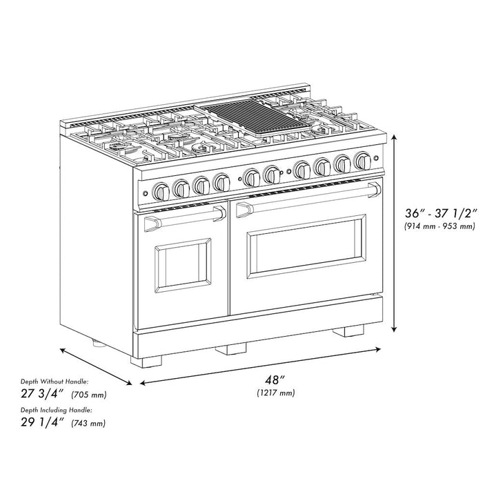 ZLINE Autograph Edition 48 in. 6.7 cu. ft. Classic Double Oven Gas Range with 8 Burner Cooktop in Stainless Steel and Matte Black Accents (CGRZ-48-MB)