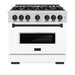 ZLINE Autograph Edition 36 in. 5.2 cu. ft. Classic Gas Range with 6 Burner Cooktop and Convection Gas Oven in Stainless Steel with White Matte Door and Matte Black Accents (CGRZ-WM-36-MB)
