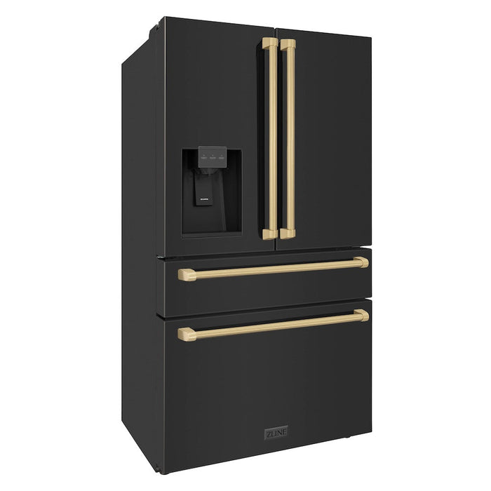 ZLINE Autograph Edition 36 in. 21.6 cu. ft Counter-Depth French Door Refrigerator with Water and Ice Dispenser in Fingerprint-Resistant Black Stainless Steel with Champagne Bronze Traditional Handles (RFMZ-W-36-BS-CB)