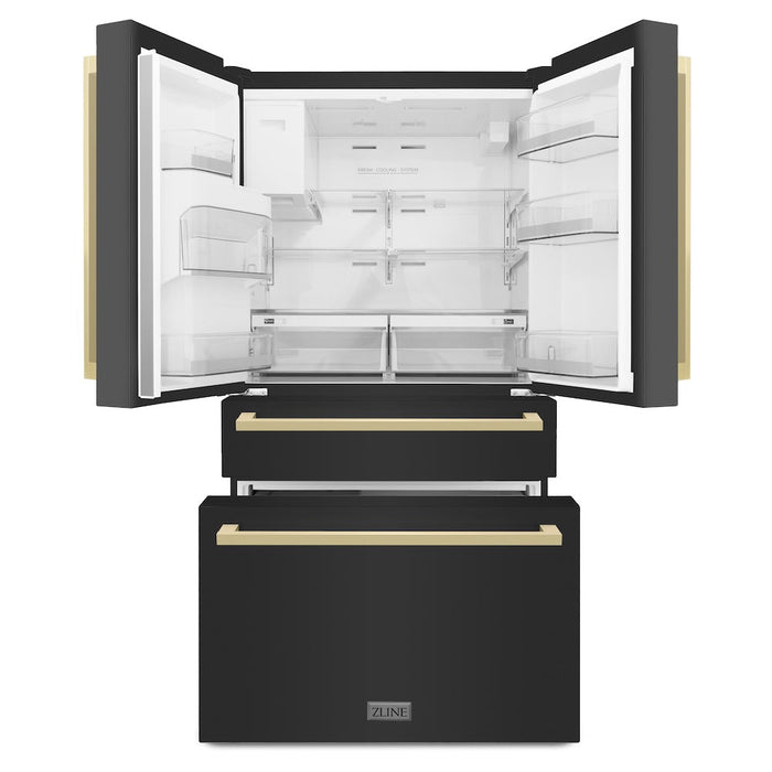 ZLINE Autograph Edition 36 in. 21.6 cu. ft. Counter-Depth French Door Refrigerator with Water and Ice Dispenser in Fingerprint-Resistant Black Stainless Steel with Champagne Bronze Modern Handles (RFMZ-W36-BS-FCB)