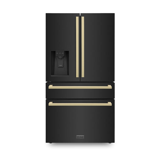ZLINE Autograph Edition 36 in. 21.6 cu. ft. Counter-Depth French Door Refrigerator with Water and Ice Dispenser in Fingerprint-Resistant Black Stainless Steel with Champagne Bronze Modern Handles (RFMZ-W36-BS-FCB)