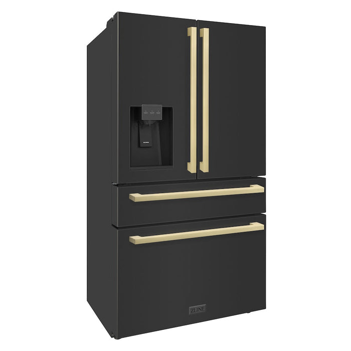 ZLINE Autograph Edition 36 in. 21.6 cu. ft. Counter-Depth French Door Refrigerator with Water and Ice Dispenser in Fingerprint-Resistant Black Stainless Steel with Champagne Bronze Modern Handles (RFMZ-W36-BS-FCB)