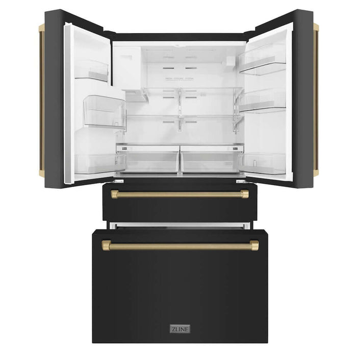 ZLINE Autograph Edition 36 in. 21.6 cu. ft. Counter-Depth French Door Refrigerator with Water and Ice Dispenser in Fingerprint-Resistant Black Stainless Steel with Champagne Bronze Helix Handles (RFMZ-W36-BS-KCB)