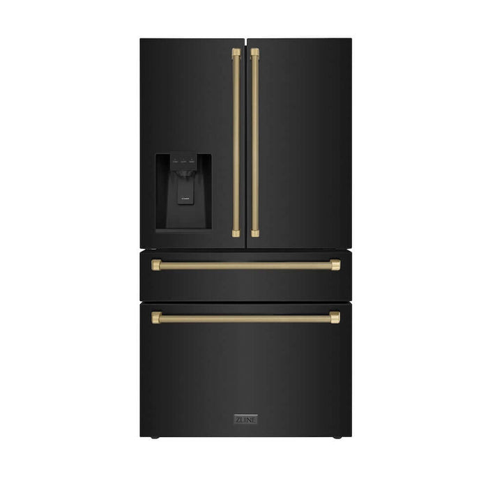 ZLINE Autograph Edition 36 in. 21.6 cu. ft. Counter-Depth French Door Refrigerator with Water and Ice Dispenser in Fingerprint-Resistant Black Stainless Steel with Champagne Bronze Helix Handles (RFMZ-W36-BS-KCB)