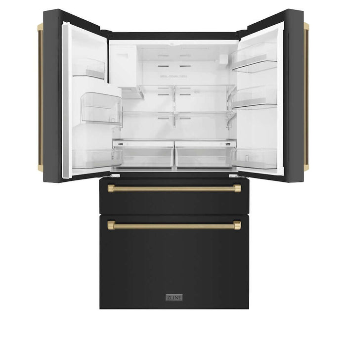ZLINE Autograph Edition 36 in. 21.6 cu. ft. Counter-Depth French Door Refrigerator with Water and Ice Dispenser in Fingerprint-Resistant Black Stainless Steel with Champagne Bronze Helix Handles (RFMZ-W36-BS-KCB)