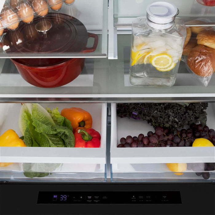 ZLINE Autograph Edition 36 in. 21.6 cu. ft. Counter-Depth French Door Refrigerator with Water and Ice Dispenser in Fingerprint-Resistant Black Stainless Steel with Polished Gold Helix Handles (RFMZ-W-36-BS-KG)