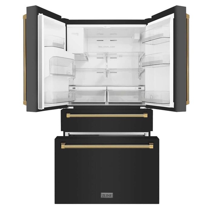 ZLINE Autograph Edition 36 in. 21.6 cu. ft. Counter-Depth French Door Refrigerator with Water and Ice Dispenser in Fingerprint-Resistant Black Stainless Steel with Polished Gold Helix Handles (RFMZ-W-36-BS-KG)