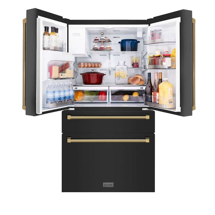 ZLINE Autograph Edition 36 in. 21.6 cu. ft. Counter-Depth French Door Refrigerator with Water and Ice Dispenser in Fingerprint-Resistant Black Stainless Steel with Polished Gold Helix Handles (RFMZ-W-36-BS-KG)