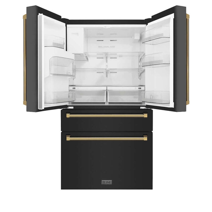 ZLINE Autograph Edition 36 in. 21.6 cu. ft. Counter-Depth French Door Refrigerator with Water and Ice Dispenser in Fingerprint-Resistant Black Stainless Steel with Polished Gold Helix Handles (RFMZ-W-36-BS-KG)