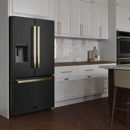 ZLINE Autograph Edition 36 in. 28.9 cu. ft. Standard-Depth French Door External Water Dispenser Refrigerator with Dual Ice Maker in Fingerprint-Resistant Black Stainless Steel and Champagne Bronze Modern Handles (RSMZ-W36-BS-FCB)