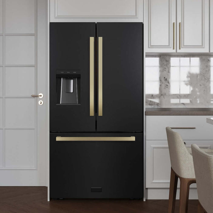 ZLINE Autograph Edition 36 in. 28.9 cu. ft. Standard-Depth French Door External Water Dispenser Refrigerator with Dual Ice Maker in Fingerprint-Resistant Black Stainless Steel and Champagne Bronze Modern Handles (RSMZ-W36-BS-FCB)