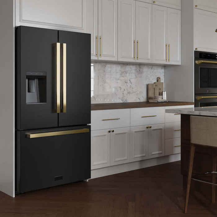 ZLINE Autograph Edition 36 in. 28.9 cu. ft. Standard-Depth French Door External Water Dispenser Refrigerator with Dual Ice Maker in Fingerprint-Resistant Black Stainless Steel and Polished Gold Modern Handles (RSMZ-W-36-BS-FG)