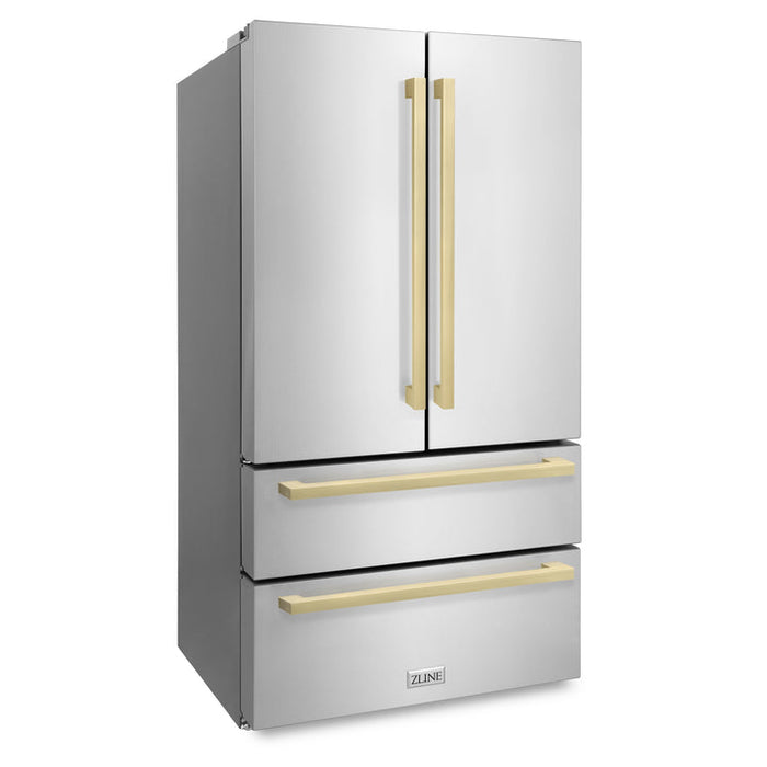 ZLINE 36-Inch Autograph Edition 22.5 cu. ft 4-Door French Door Refrigerator with Ice Maker in Stainless Steel with Champagne Bronze Square Handles (RFMZ-36-FCB)