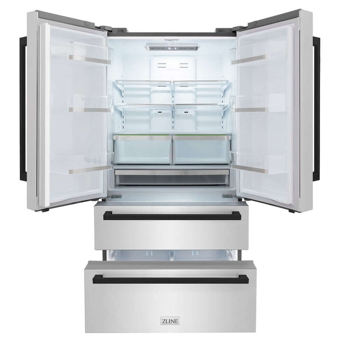 ZLINE Autograph Edition 36 in. 22.5 cu. ft. Counter-Depth French Door Refrigerator with Ice Maker in Fingerprint-Resistant Stainless Steel with Matte Black Modern Handles (RFMZ-36-FMB)