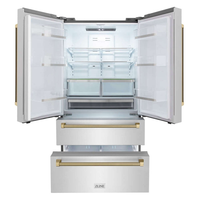 ZLINE Autograph Edition 36 in. 22.5 cu. ft. Counter-Depth French Door Refrigerator with Ice Maker in Fingerprint-Resistant Stainless Steel and Champagne Bronze Helix Handles (RFMZ-36-KCB)