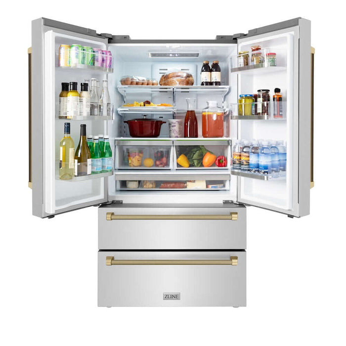 ZLINE Autograph Edition 36 in. 22.5 cu. ft. Counter-Depth French Door Refrigerator with Ice Maker in Fingerprint-Resistant Stainless Steel and Champagne Bronze Helix Handles (RFMZ-36-KCB)