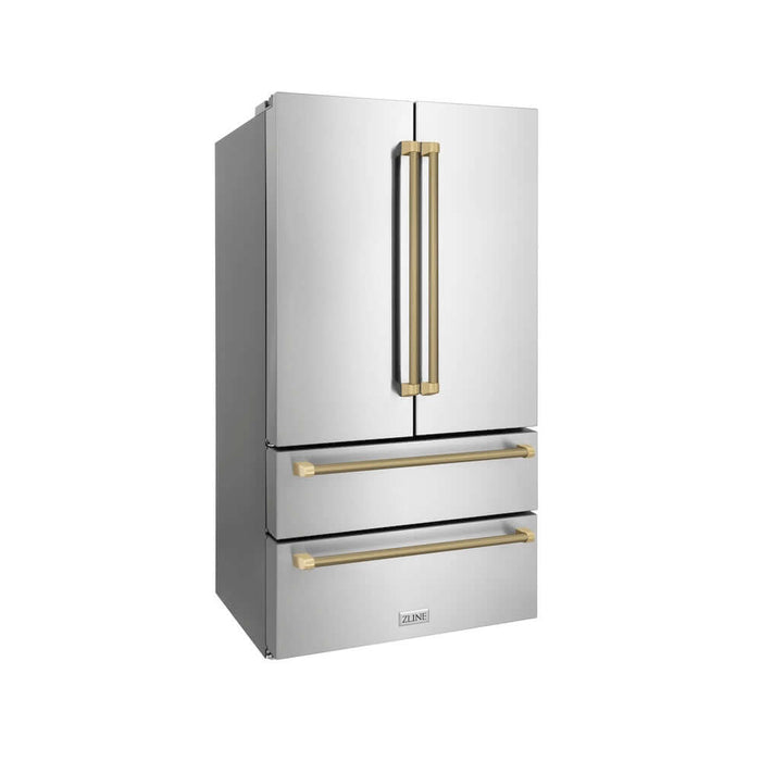 ZLINE Autograph Edition 36 in. 22.5 cu. ft. Counter-Depth French Door Refrigerator with Ice Maker in Fingerprint-Resistant Stainless Steel and Champagne Bronze Helix Handles (RFMZ-36-KCB)