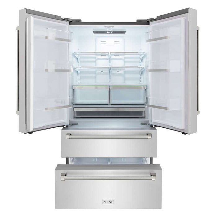 ZLINE Autograph Edition 36 in. 22.5 cu. ft. Counter-Depth French Door Refrigerator with Ice Maker in Fingerprint-Resistant Stainless Steel and Polished Nickel Helix Handles (RFMZ-36-KPN)