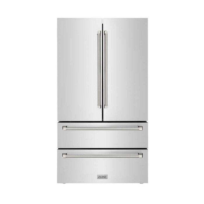 ZLINE Autograph Edition 36 in. 22.5 cu. ft. Counter-Depth French Door Refrigerator with Ice Maker in Fingerprint-Resistant Stainless Steel and Polished Nickel Helix Handles (RFMZ-36-KPN)