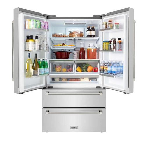 ZLINE Autograph Edition 36 in. 22.5 cu. ft. Counter-Depth French Door Refrigerator with Ice Maker in Fingerprint-Resistant Stainless Steel and Polished Nickel Helix Handles (RFMZ-36-KPN)
