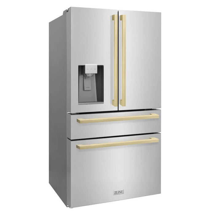 ZLINE Autograph Edition 36 in. 21.6 cu. ft. Counter-Depth French Door Refrigerator with Water and Ice Dispenser in Fingerprint-Resistant Stainless Steel with Champagne Bronze Modern Handles (RFMZ-W-36-FCB)