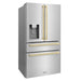 ZLINE Autograph Edition 36 in. 21.6 cu. ft. Counter-Depth French Door Refrigerator with Water and Ice Dispenser in Fingerprint-Resistant Stainless Steel with Champagne Bronze Modern Handles (RFMZ-W-36-FCB)