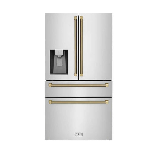 ZLINE Autograph Edition 36 in. 21.6 cu. ft. Counter-Depth French Door Refrigerator with Water and Ice Dispenser in Fingerprint-Resistant Stainless Steel with Champagne Bronze Helix Handles (RFMZ-W-36-KCB)