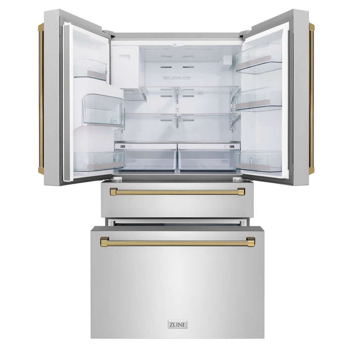 ZLINE Autograph Edition 36 in. 21.6 cu. ft. Counter-Depth French Door Refrigerator with Water and Ice Dispenser in Fingerprint-Resistant Stainless Steel with Polished Gold Helix Handles (RFMZ-W-36-KG)