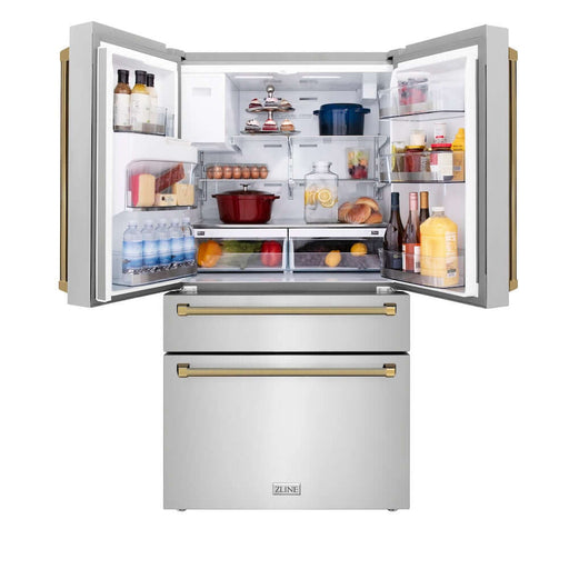 ZLINE Autograph Edition 36 in. 21.6 cu. ft. Counter-Depth French Door Refrigerator with Water and Ice Dispenser in Fingerprint-Resistant Stainless Steel with Polished Gold Helix Handles (RFMZ-W-36-KG)