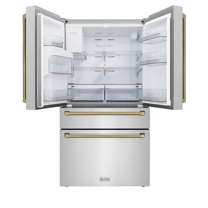 ZLINE Autograph Edition 36 in. 21.6 cu. ft. Counter-Depth French Door Refrigerator with Water and Ice Dispenser in Fingerprint-Resistant Stainless Steel with Polished Gold Helix Handles (RFMZ-W-36-KG)