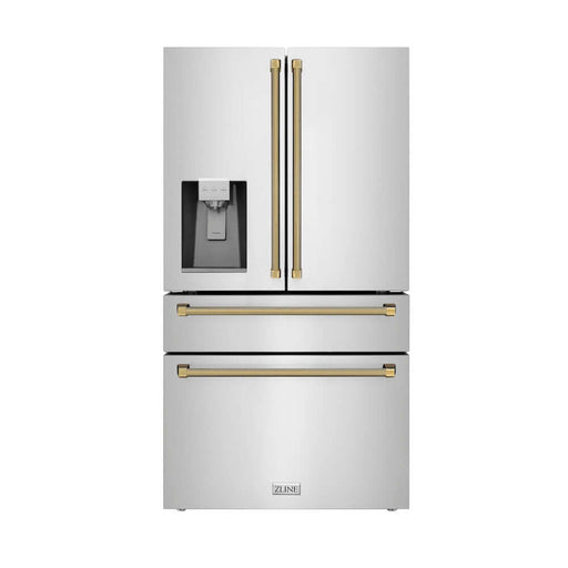 ZLINE Autograph Edition 36 in. 21.6 cu. ft. Counter-Depth French Door Refrigerator with Water and Ice Dispenser in Fingerprint-Resistant Stainless Steel with Polished Gold Helix Handles (RFMZ-W-36-KG)