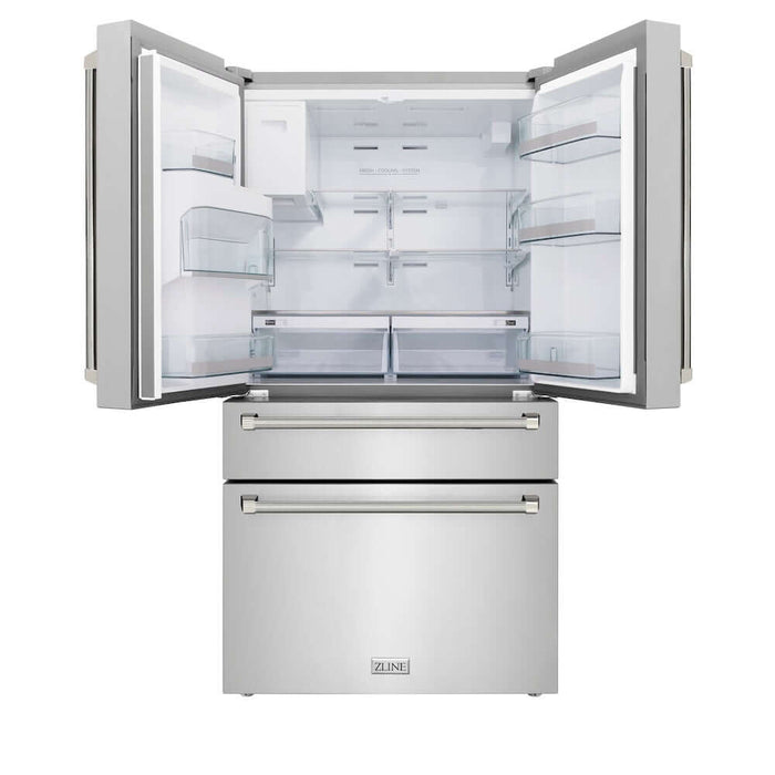ZLINE Autograph Edition 36 in. 21.6 cu. ft. Counter-Depth French Door Refrigerator with Water and Ice Dispenser in Fingerprint-Resistant Stainless Steel with Polished Nickel Helix Handles (RFMZ-W-36-KPN)