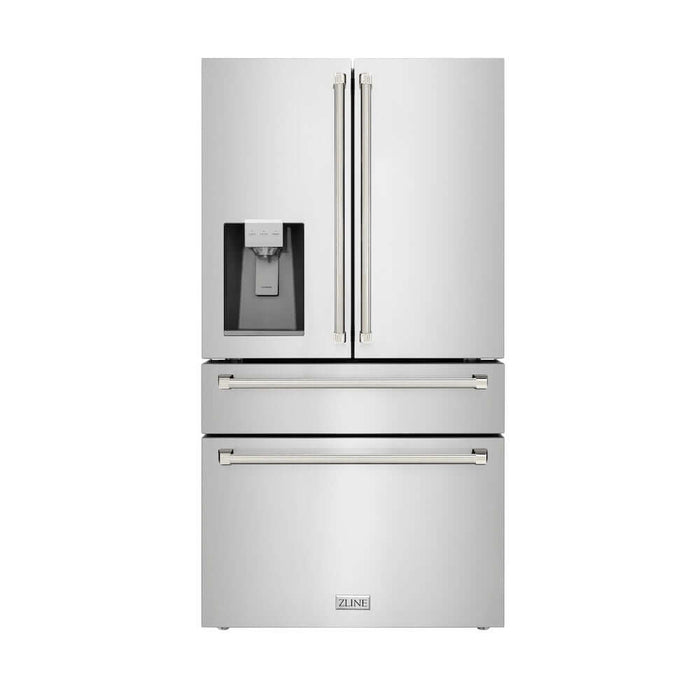 ZLINE Autograph Edition 36 in. 21.6 cu. ft. Counter-Depth French Door Refrigerator with Water and Ice Dispenser in Fingerprint-Resistant Stainless Steel with Polished Nickel Helix Handles (RFMZ-W-36-KPN)