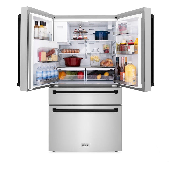 ZLINE Autograph Edition 36 in. 21.6 cu. ft. Counter-Depth French Door Refrigerator with Water and Ice Dispenser in Fingerprint-Resistant Stainless Steel with Matte Black Traditional Handles (RFMZ-W-36-MB)