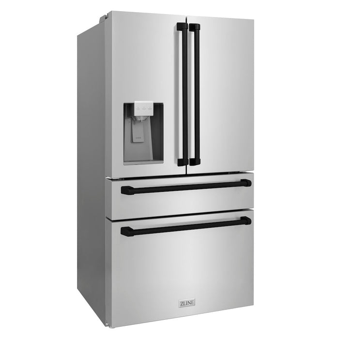 ZLINE Autograph Edition 36 in. 21.6 cu. ft. Counter-Depth French Door Refrigerator with Water and Ice Dispenser in Fingerprint-Resistant Stainless Steel with Matte Black Traditional Handles (RFMZ-W-36-MB)