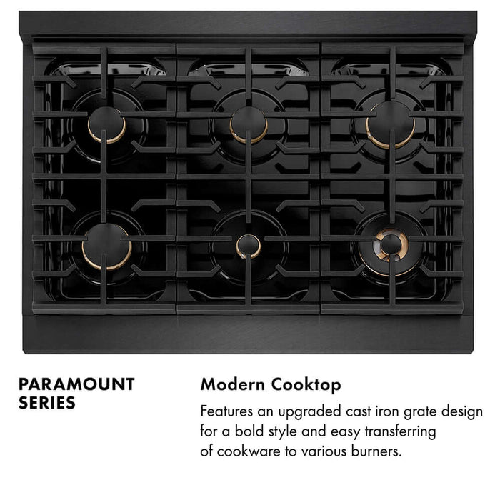 ZLINE Autograph Edition 36 in. 5.2 cu. ft. Paramount Dual Fuel Range with 6 Burner Gas Cooktop and Electric Convection Oven in Black Satin Stainless Steel with Polished Gold Accents (SDRBSZ-36-G)