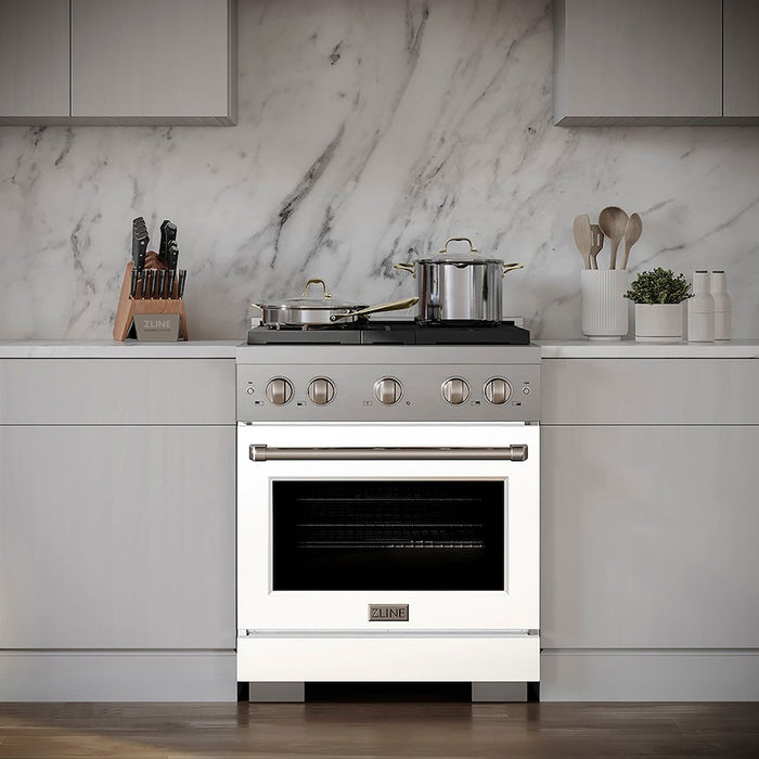 ZLINE 30 in. 4.2 cu. ft. Paramount Gas Range with 4 Burner DuoPro™ Cooktop and Convection Gas Oven with White Matte Door (PSGR-WM-30)