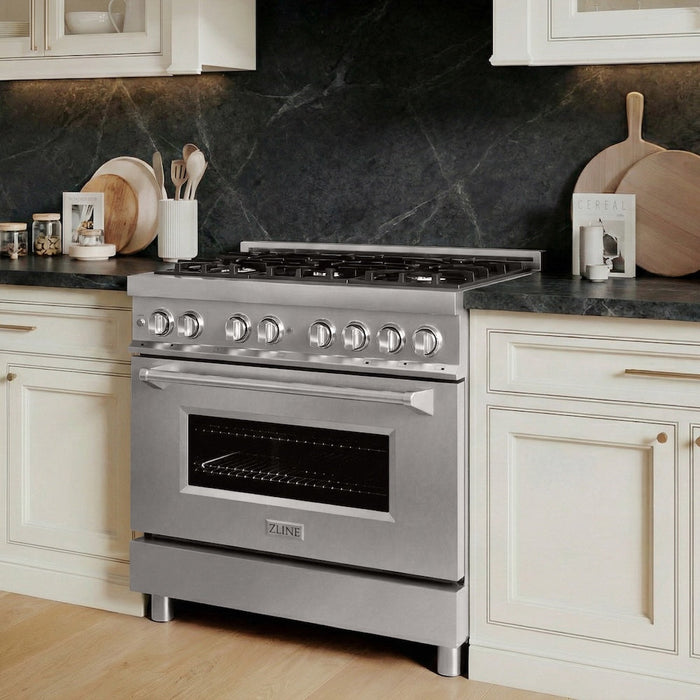 ZLINE 36 in. 4.6 cu. ft. Legacy Dual Fuel Range with 6 Burner Gas Cooktop and Electric Convection Oven in Stainless Steel (RA36)