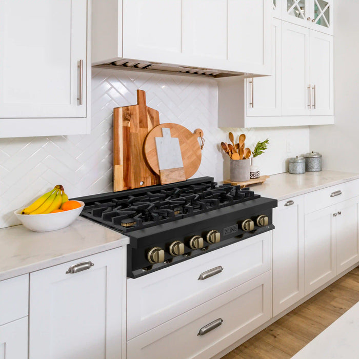 Zline Autograph Edition 36 Porcelain Rangetop With 6 Gas Burners In Black Stainless Steel With Accents Rtbz 36